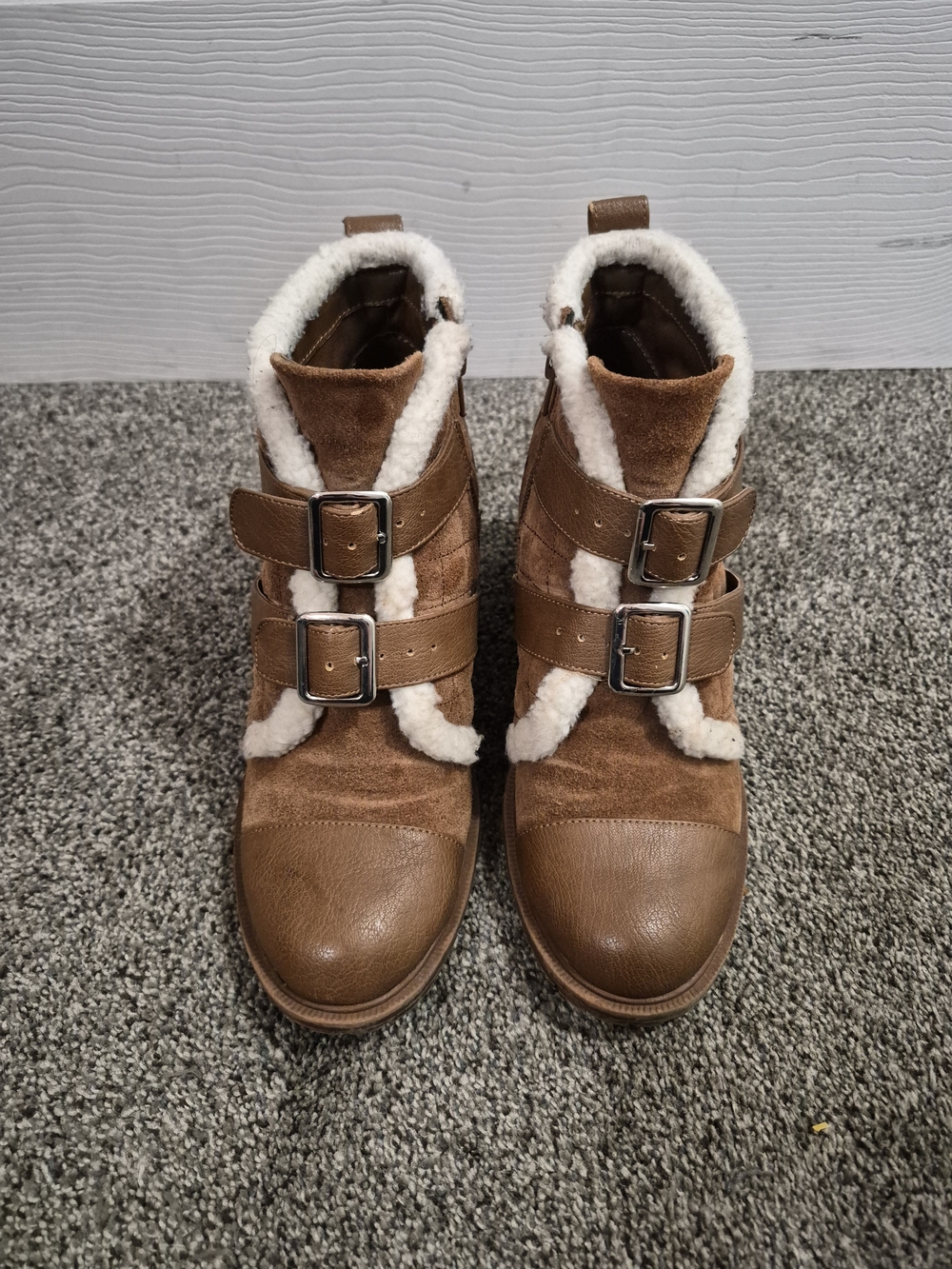 Nine West Brown Suede Buckle Boots with White Sherpa Trim
